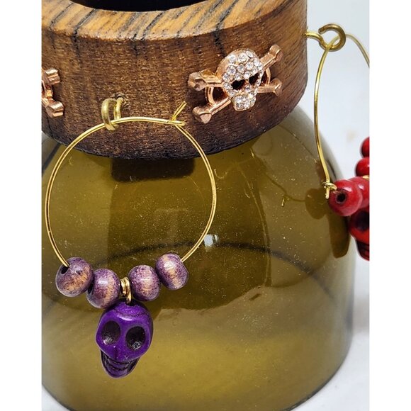Colorful Skull-Themed Wine Glass Charms Set - 4 Unique Charms With Beads & Wood - Picture 6 of 13